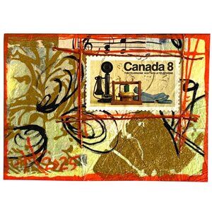 ACEO Original Art Acrylic Collage 1974 Canada Telephone Postage Stamp ATC